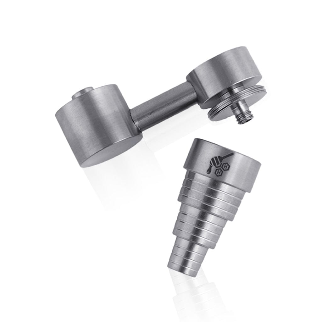 A detailed studio shot of the Titanium 6 in 1 Sidecar Dab Nail, showing its metallic sheen and unique sidecar design.