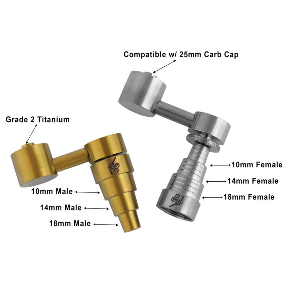 A close-up, angled view of the Titanium 6 in 1 Sidecar Dab Nail, displaying its metallic finish and complex, multi-port design.