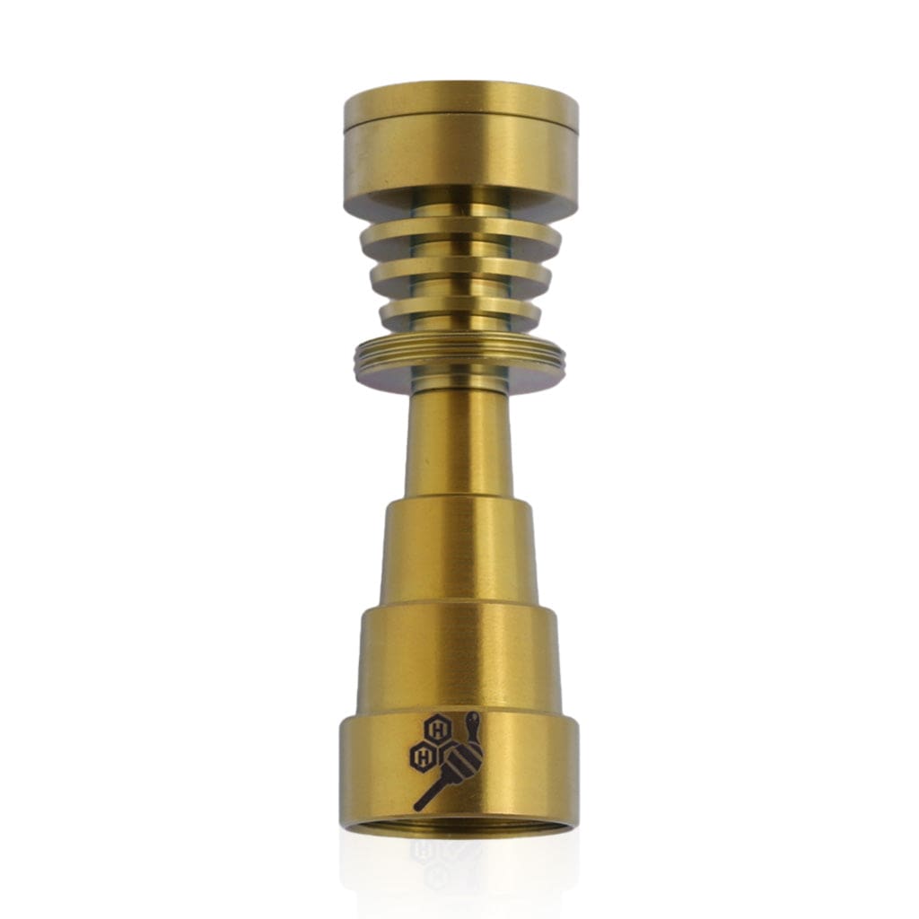 Front view of the Titanium 6 in 1 Skillet Dab Nail, a metallic, tiered nail reflecting light against a white backdrop.