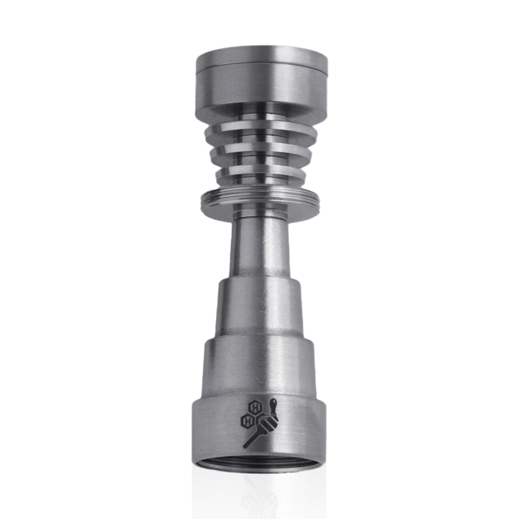 A centered studio shot of the Titanium 6 in 1 Skillet Dab Nail, showcasing its metallic, multi-tiered structure against a plain white background.
