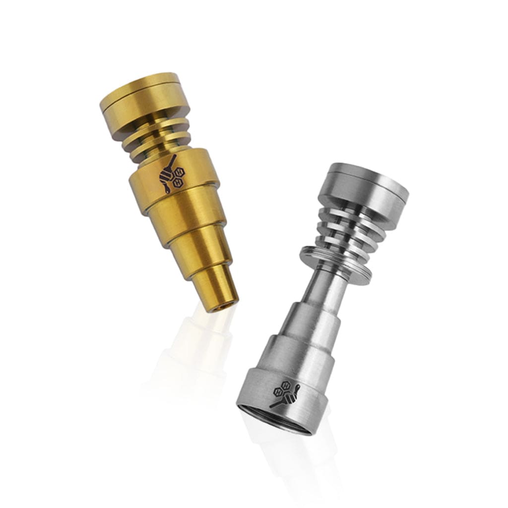 A close-up, angled view of the Titanium 6 in 1 Skillet Dab Nail, showcasing its metallic finish and intricate design.