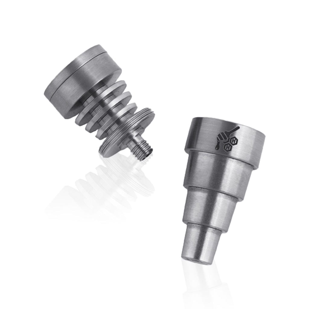 Close-up, angled view of the Titanium 6 in 1 Skillet Dab Nail, showcasing its metallic construction and threaded connection.