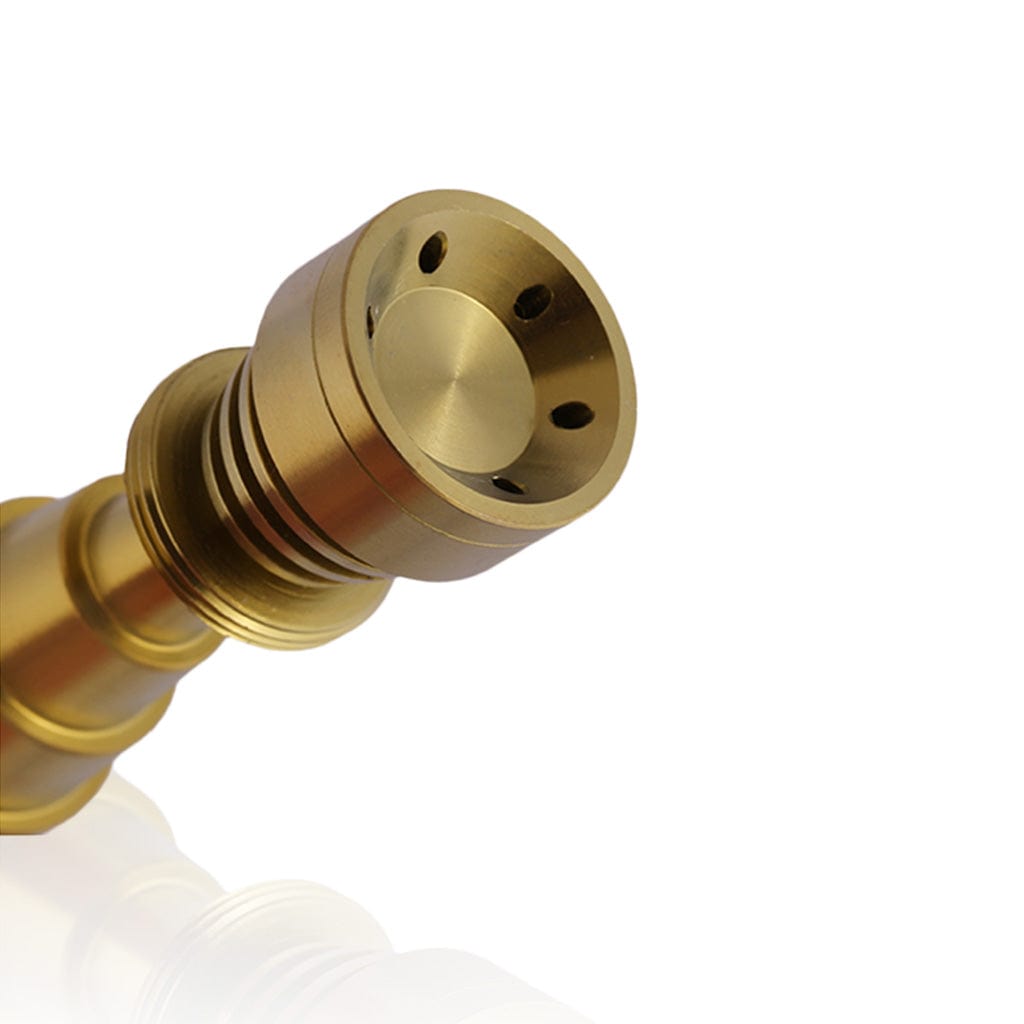 Close-up angled view of the Titanium 6 in 1 Skillet Dab Nail, highlighting its metallic construction and circular design.
