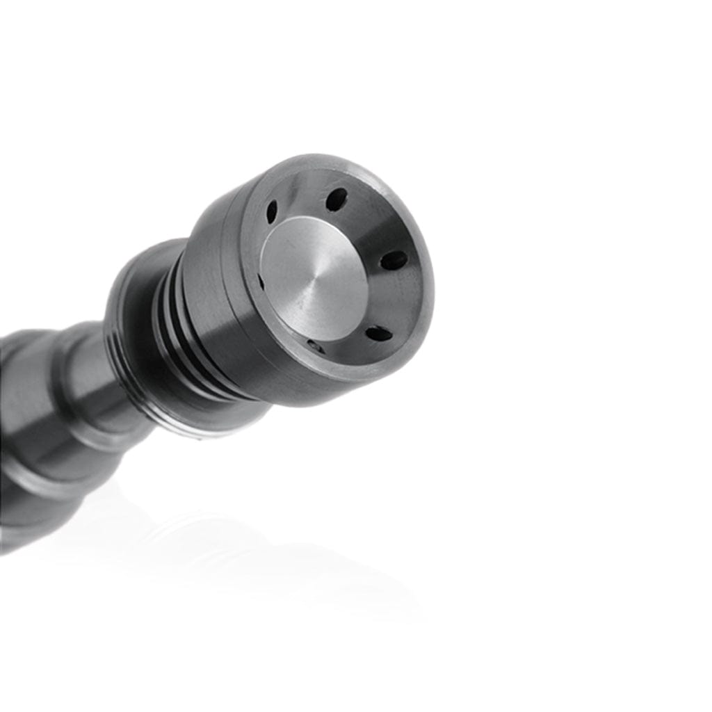 Close-up view of the Titanium 6 in 1 Skillet Dab Nail, showcasing its metallic, circular design angled against a dark background.