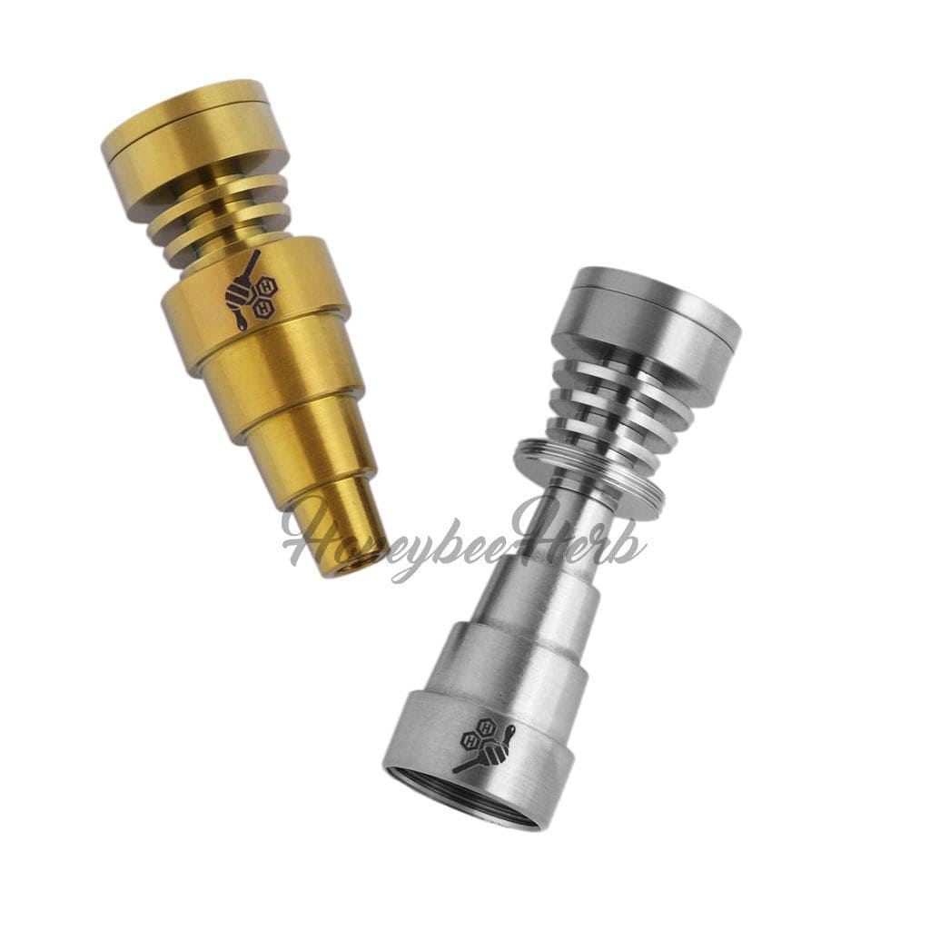 A close-up, angled view of the Titanium 6 in 1 Skillet Dab Nail, showcasing its metallic finish and intricate design.
