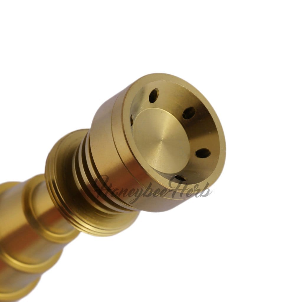 Close-up angled view of the Titanium 6 in 1 Skillet Dab Nail, showing its metallic, multi-tiered construction.