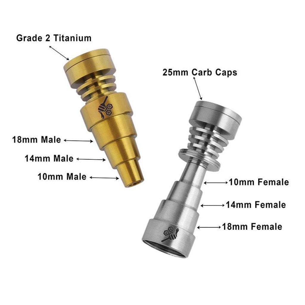 A close-up, angled view of the Titanium 6 in 1 Skillet Dab Nail, showcasing its metallic construction and intricate details.