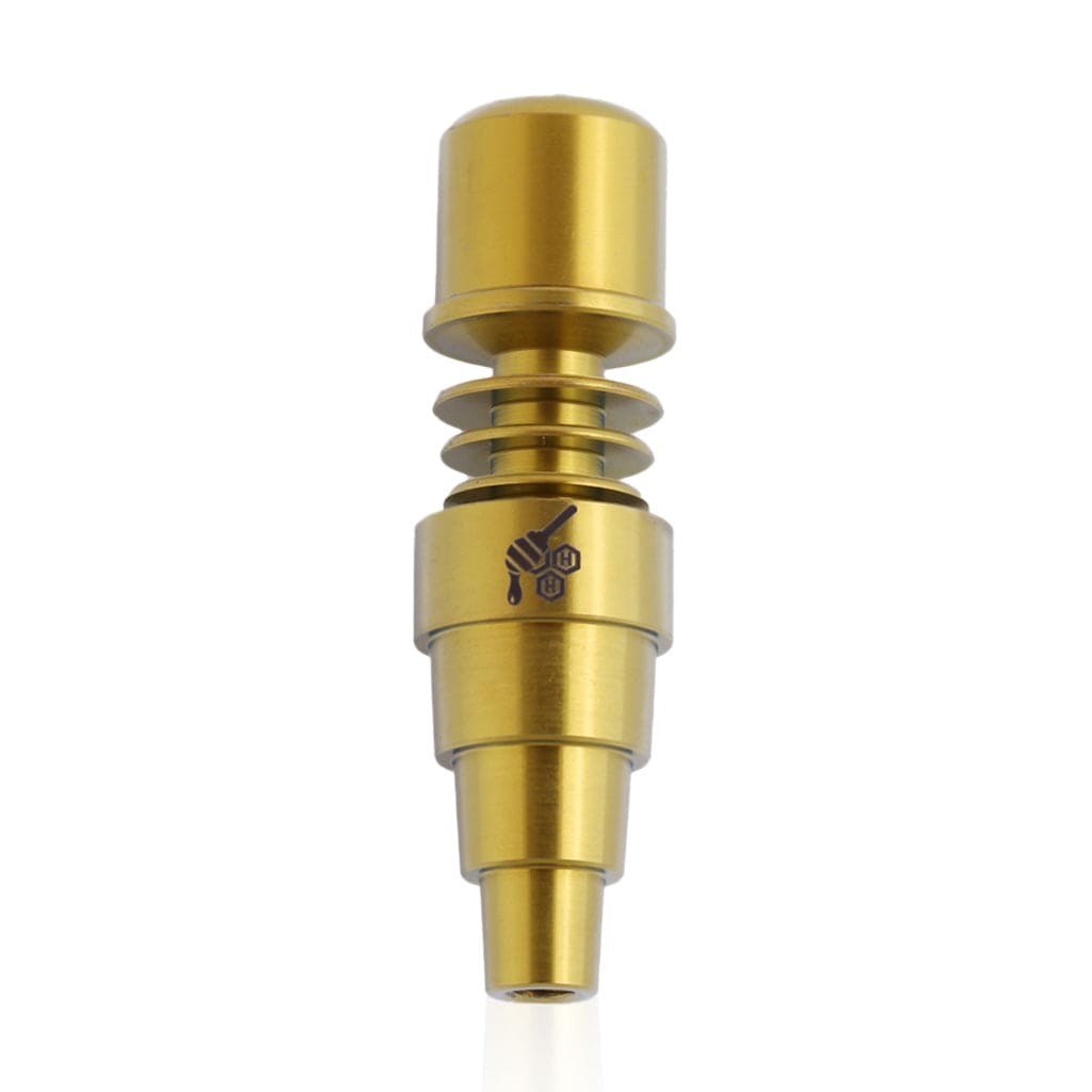 A close-up, angled view of the Titanium 6 in 1 Skillet Enail Dab Nail, showcasing its metallic gold finish and multi-tiered design.