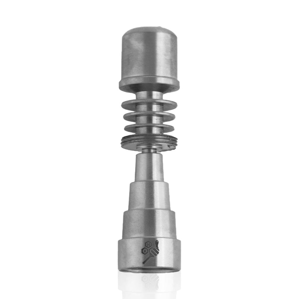 Front view of the Titanium 6 in 1 Skillet Enail Dab Nail, featuring a tiered, metallic design and reflective surface against a plain background.
