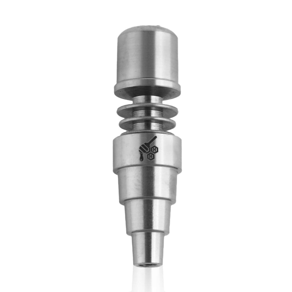 Close-up of the Titanium 6 in 1 Skillet Enail Dab Nail, showing a silver, multi-tiered design against a plain white background.