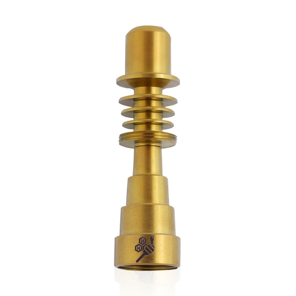 Front view of the Titanium 6 in 1 Skillet Enail Dab Nail, a gold-toned, multi-tiered nail with a polished finish.