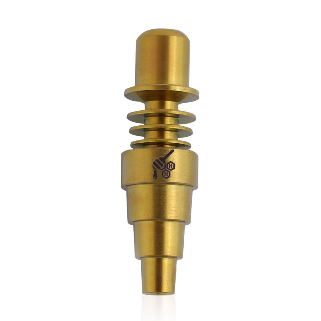 Front view of the Titanium 6 in 1 Skillet Enail Dab Nail, showcasing its metallic finish and multi-tiered design.