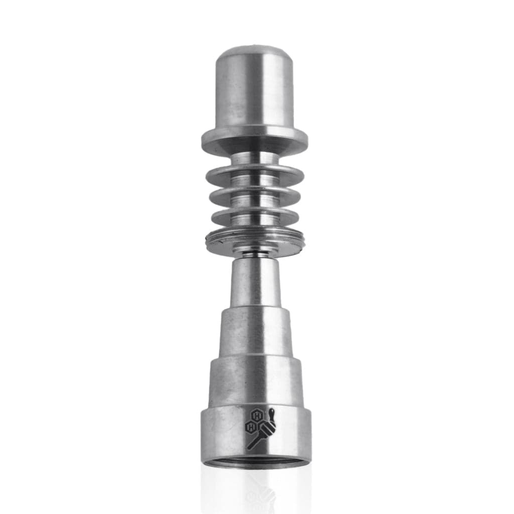 Close-up of the Titanium 6 in 1 Skillet Enail Dab Nail, showcasing its metallic construction and intricate, tiered design.