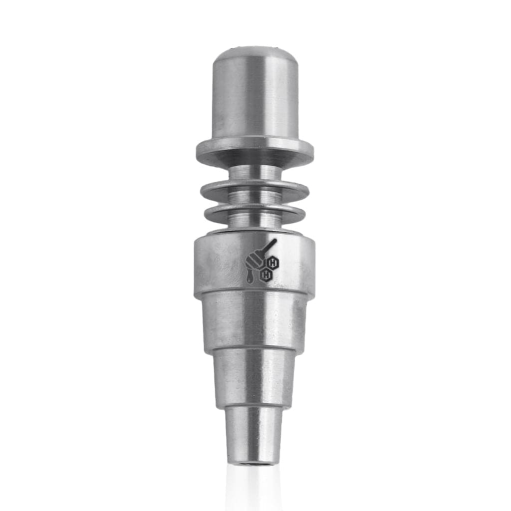Front view of the Titanium 6 in 1 Skillet Enail Dab Nail, a silver-toned nail with a tiered design and polished finish.