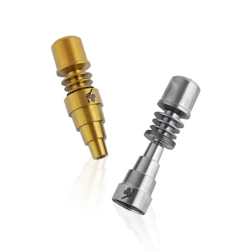 Close-up, angled view of the Titanium 6 in 1 Skillet Enail Dab Nail, featuring a metallic, multi-tiered design.