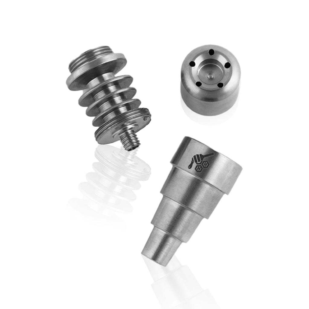 A close-up, angled view of the Titanium 6 in 1 Skillet Enail Dab Nail, showcasing its metallic construction and multi-tiered design.