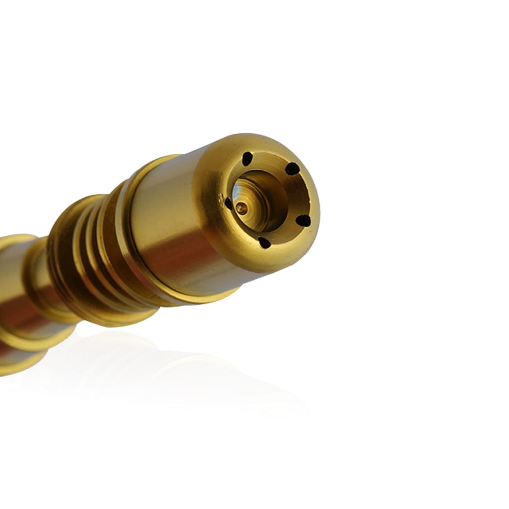 Close-up view of the Titanium 6 in 1 Skillet Enail Dab Nail, showcasing its metallic construction and intricate joint detail.