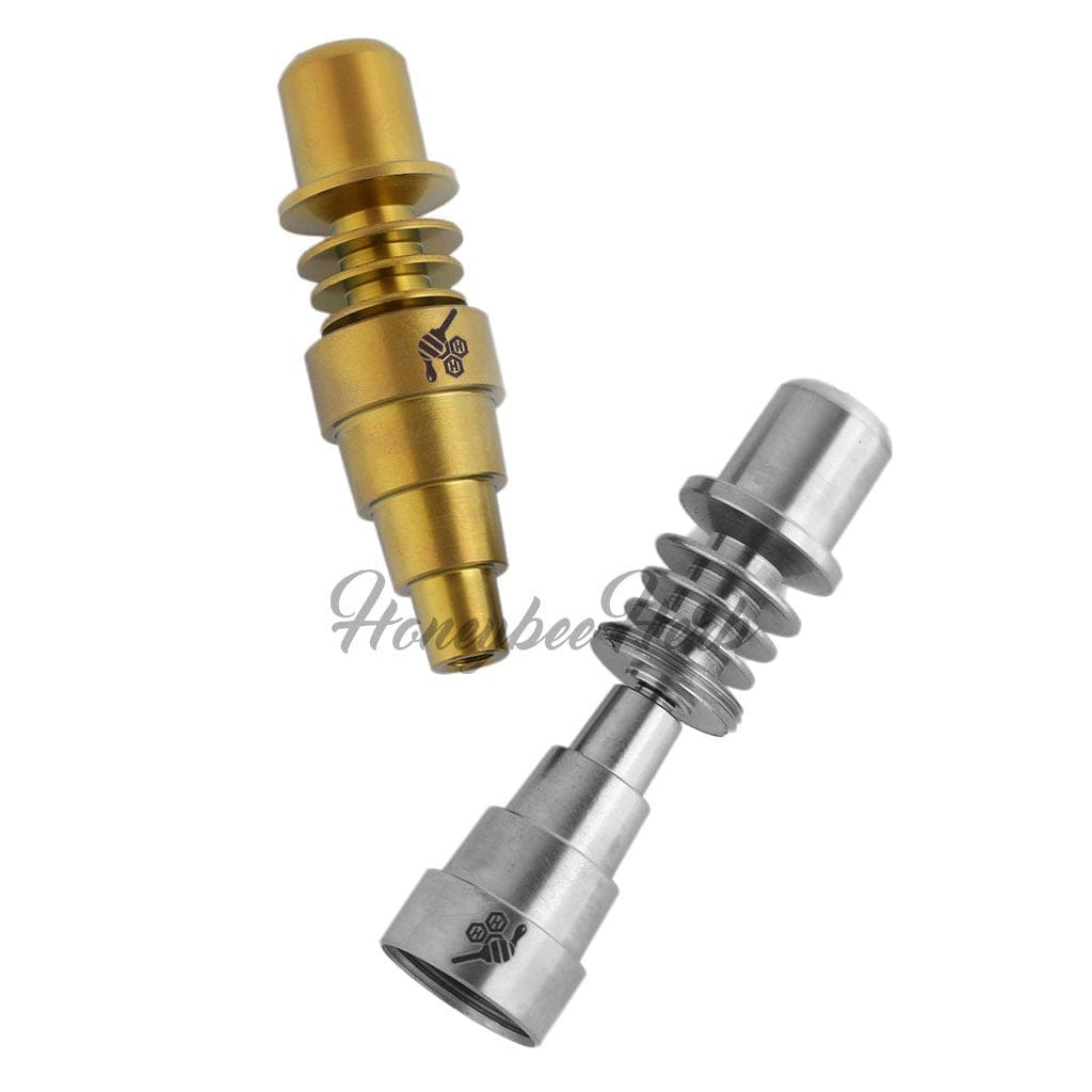 Close-up view of the Titanium 6 in 1 Skillet Enail Dab Nail, showcasing its metallic construction and multi-tiered design.