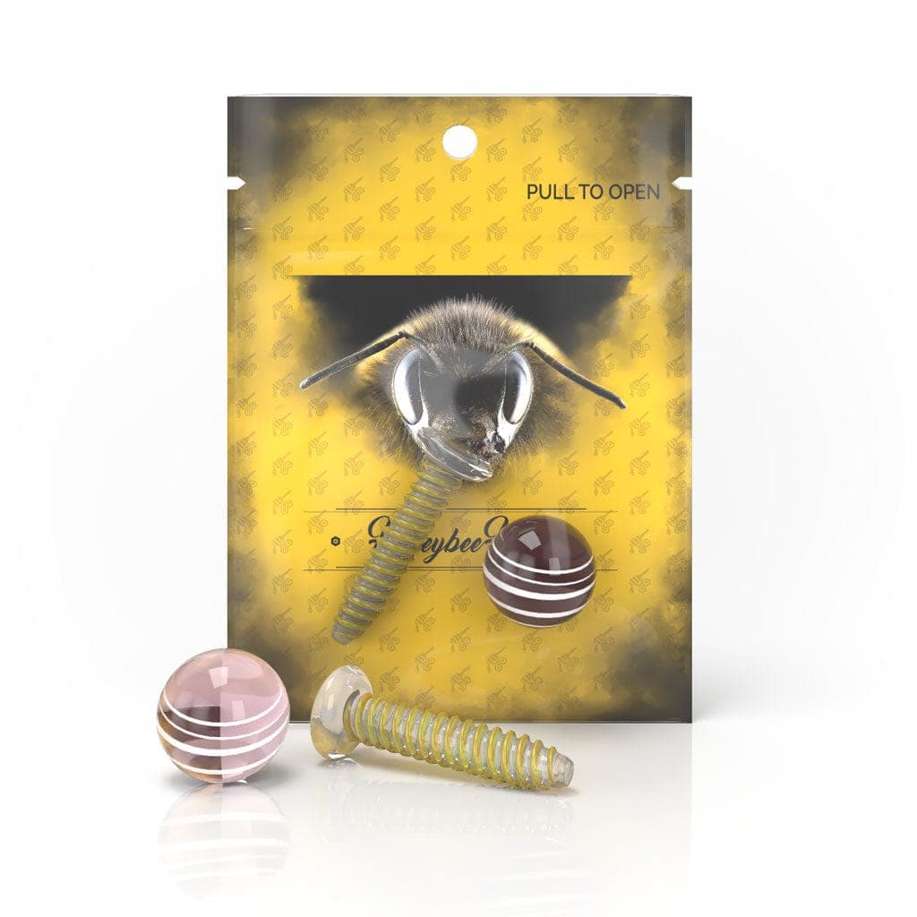 A close-up of the Honeybee Herb Dab Screw Set, showcasing the metallic screw against a patterned yellow background.