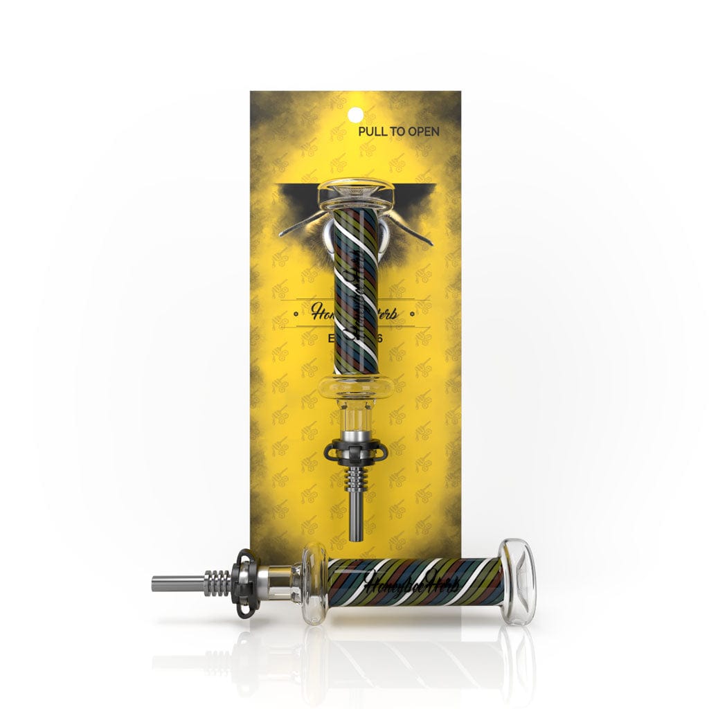 Front view of the Candy Striped Nectar Collector, showing the colorful glass tip against a yellow, patterned backdrop.