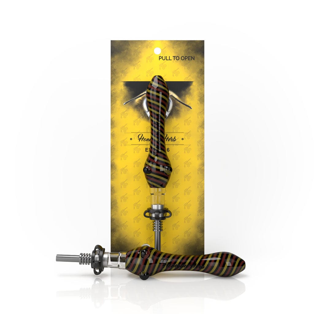 Front view of the Whirl Striped Nectar Collector showing a blue and white swirled glass body with metal tip, displayed upright against yellow packaging.