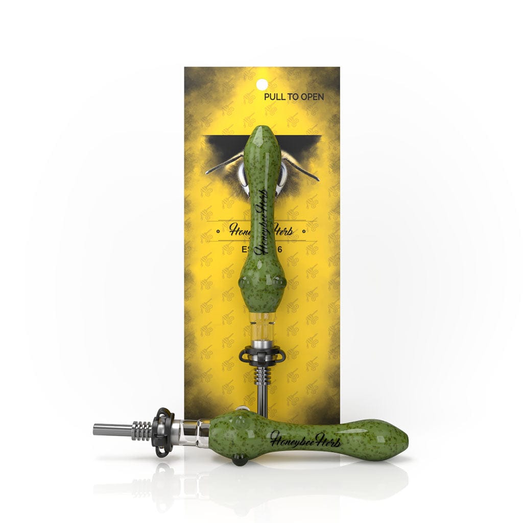 Front view of the Speckled Glass Nectar Collector in green/blue speckled glass standing against yellow branded backing with a second piece lying in front.