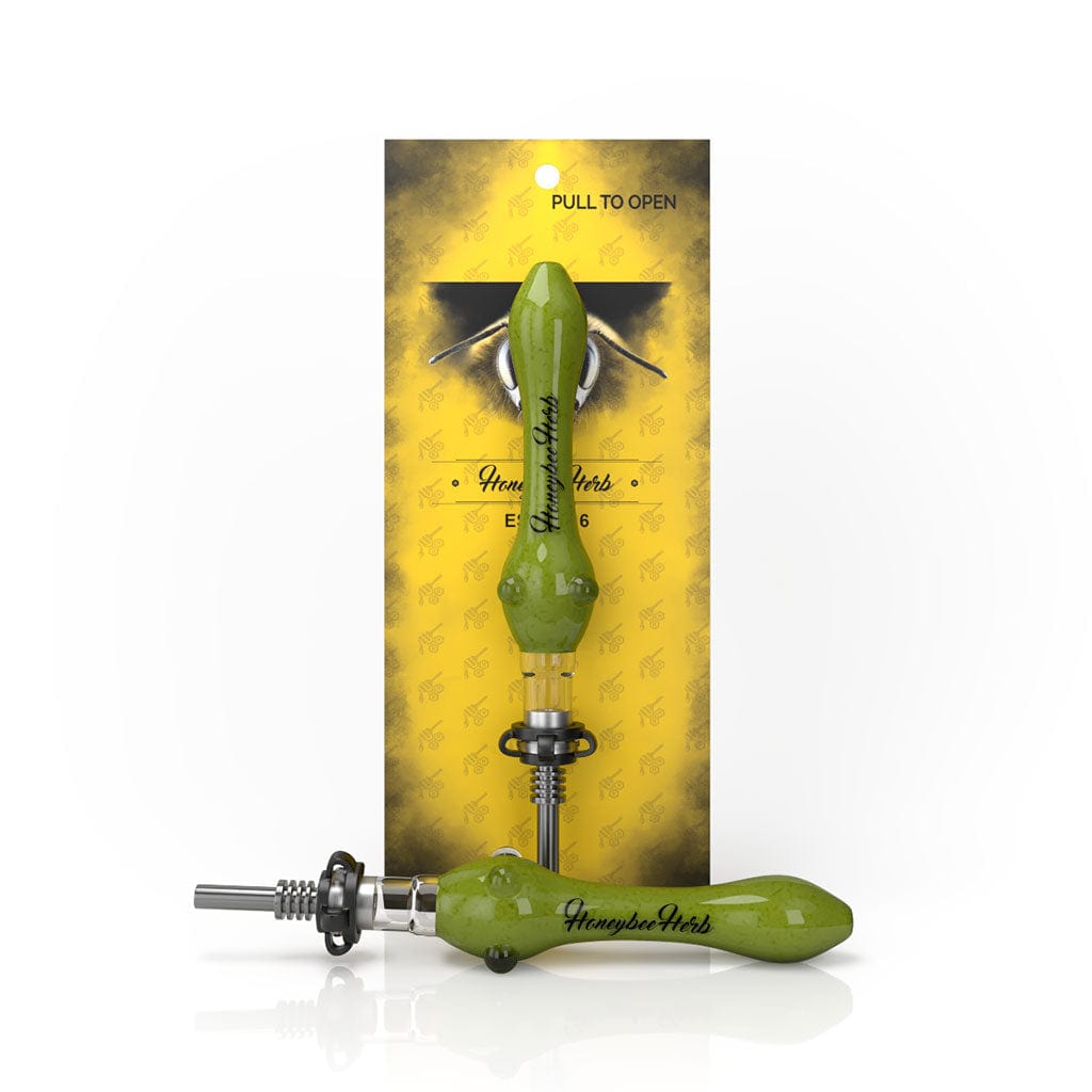 Front-facing view of the Speckled Glass Nectar Collector with an orange-speckled green body displayed upright against yellow branded backing and a second piece lying in front.