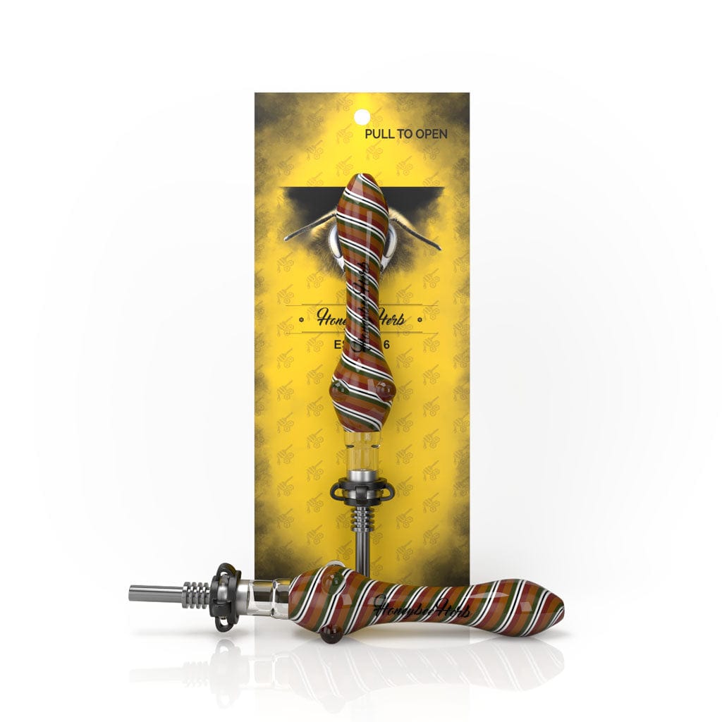 Front view of the Whirl Striped Nectar Collector showing a red and white swirled glass tube angled against its yellow backing card.