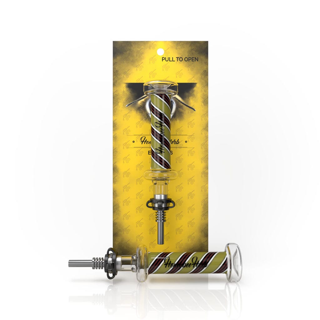 Front view of the Candy Striped Nectar Collector, displayed in its packaging, showing a colorful, striped design on a clear glass tip.
