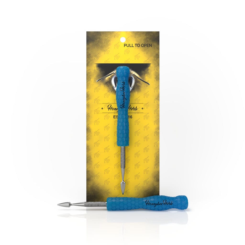 Front view of the Honeybee Herb Glow In The Dark Dab Tool showing a light blue, honeycomb-textured handle against yellow backing.