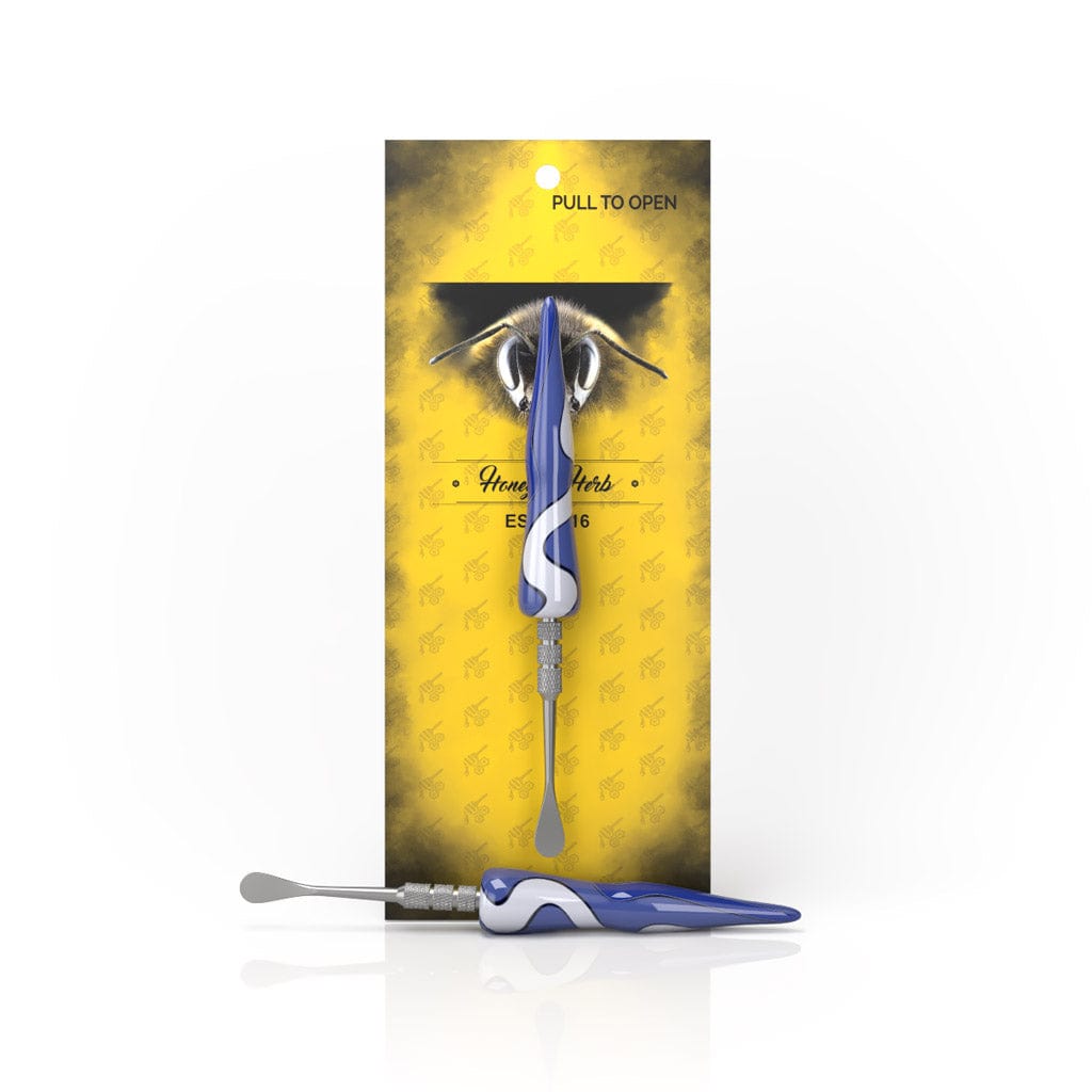 Front view of the Dark-Blue Swirl Tide Dab Tool displayed against yellow branded backing with one tool upright and one lying horizontally.