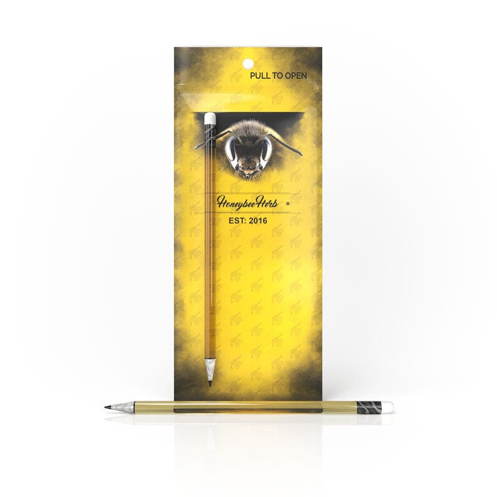 Front view of the Honeybee Herb Glass Pencil Dab Tool, displayed against a light yellow background with text above it.