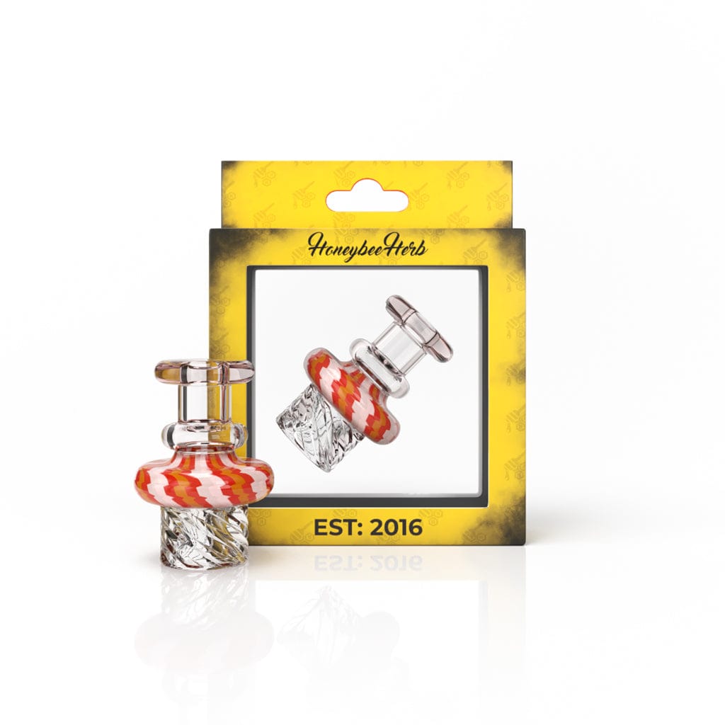 Close-up of the CYCLONE VORTEX CARB CAP, a small, silver carb cap with a glossy finish, set against a solid black background.