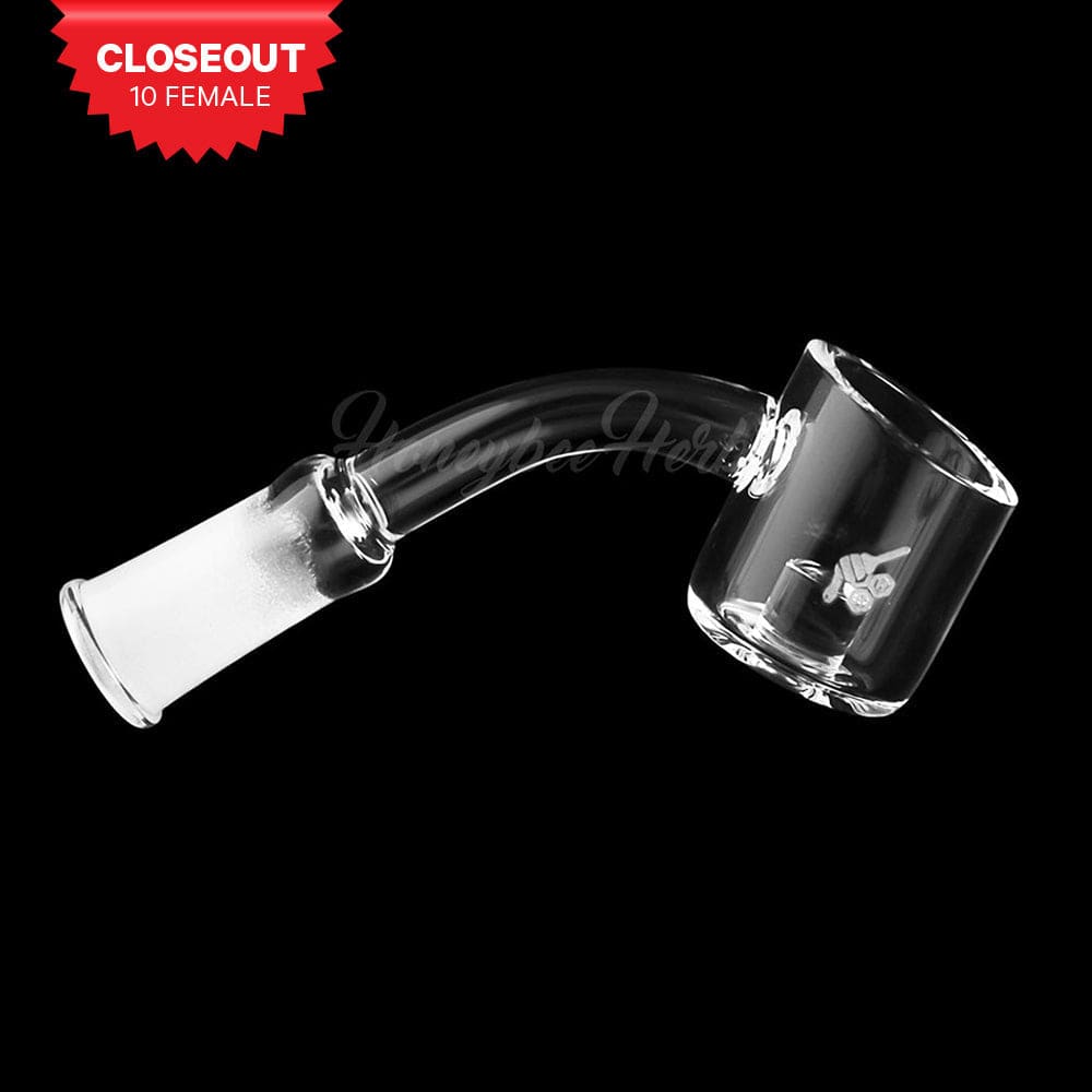 A 45-degree angled view of the CORE REACTOR QUARTZ BANGER, showing its clear quartz construction and smooth, rounded shape.
