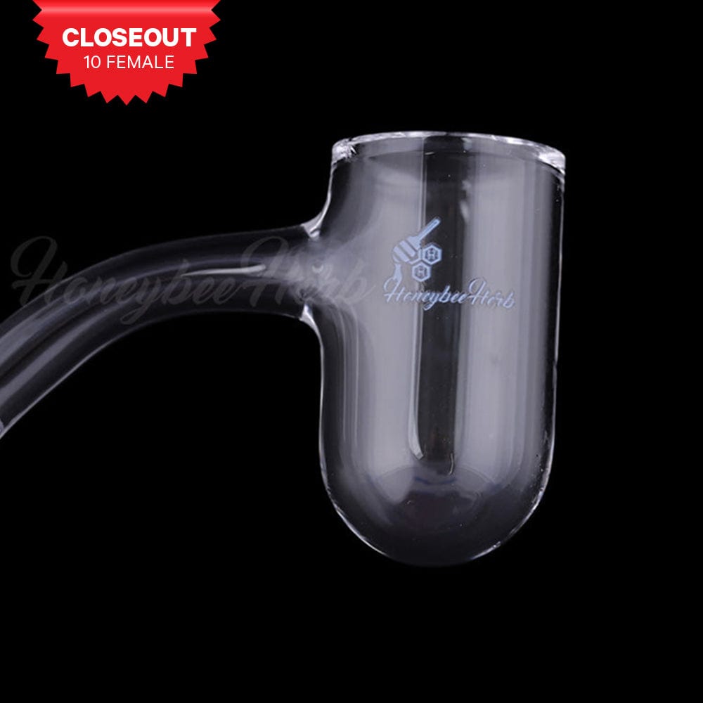 Close-up side view of the Honey Bevel Deep Bowl Quartz Banger - 45Â° Degree | Bl showing its clear glass rounded cup and curved neck against a black background.