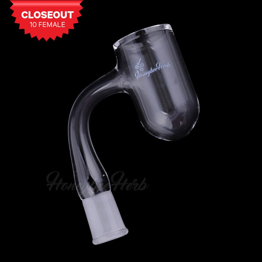Angled close-up of the clear Honey Bevel Deep Bowl Quartz Banger - 90Â° Degree | Bl showing its curved neck, frosted joint, and glossy rounded bowl against a black background
