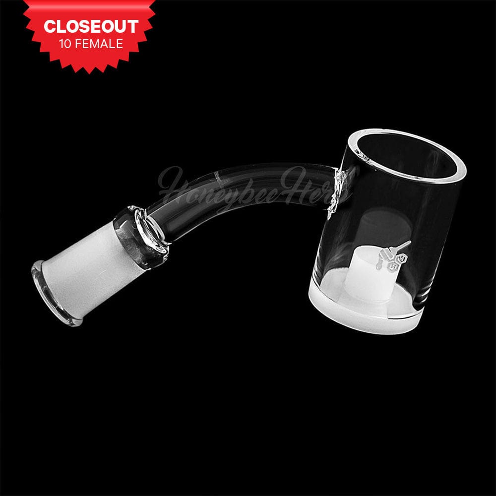 Angled side view of the HONEY & MILK CORE REACTOR QUARTZ BANGER - 45° DEGREE | YL showing a clear glass bucket and frosted joint against black background