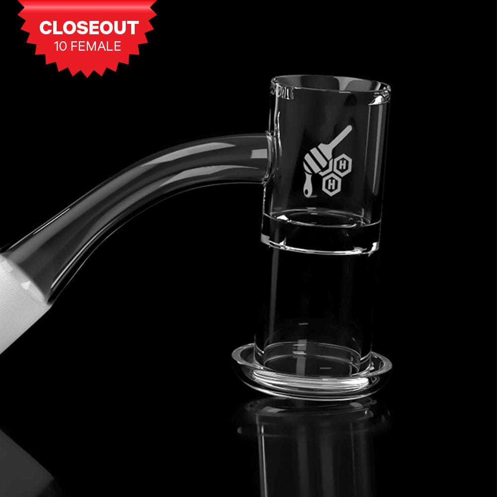 A 45-degree angled view of the Honeysuckle XL Quartz Banger, displaying its clear quartz construction and joint connection.