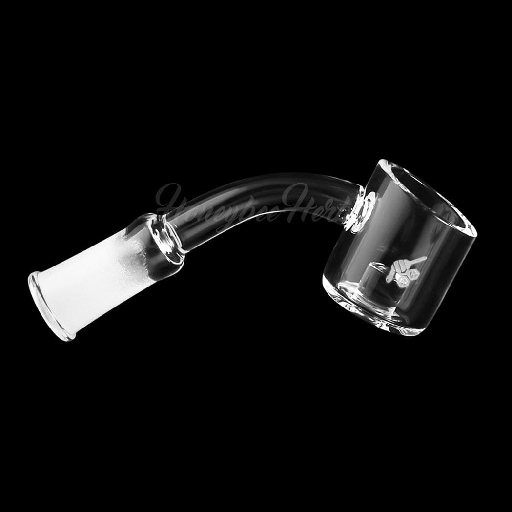 A 45-degree angled view of the CORE REACTOR QUARTZ BANGER, showcasing its clear quartz construction and rounded shape.