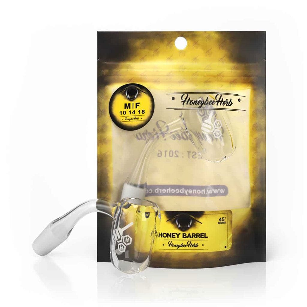 Front view of the HONEY BARREL QUARTZ BANGER, showcasing the 45-degree angle and clear quartz material against a dark background.
