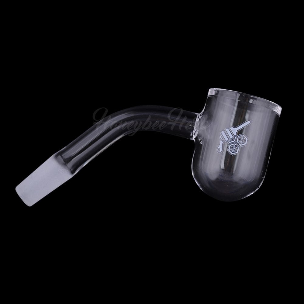 Angled side view of the Honey Bevel Bowl Quartz Banger - 45Â° Degree | Yl showing its curved stem and clear glass bowl against a black background
