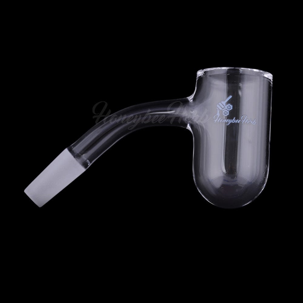 Angled side view of the Honey Bevel Deep Bowl Quartz Banger - 45Â° Degree | Bl showing its clear glass bowl and frosted joint against black