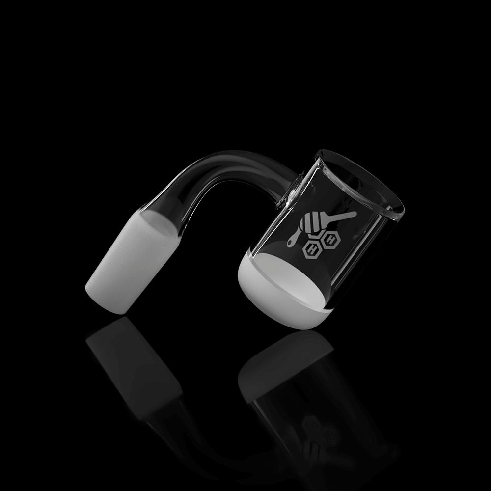 A studio shot features the HONEY & MILK BEVEL BOWL QUARTZ BANGER at a 90-degree angle, reflecting on a dark surface.