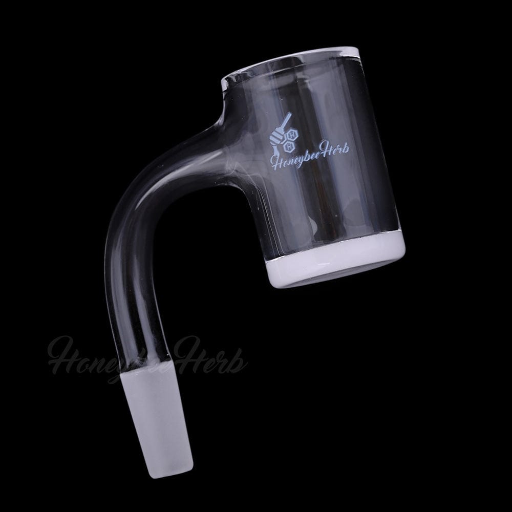 Angled close-up of the Honey & Milk Bevel Quartz Banger- 90Â° Degree | Bl showing the curved neck and white-rimmed bucket against a black background