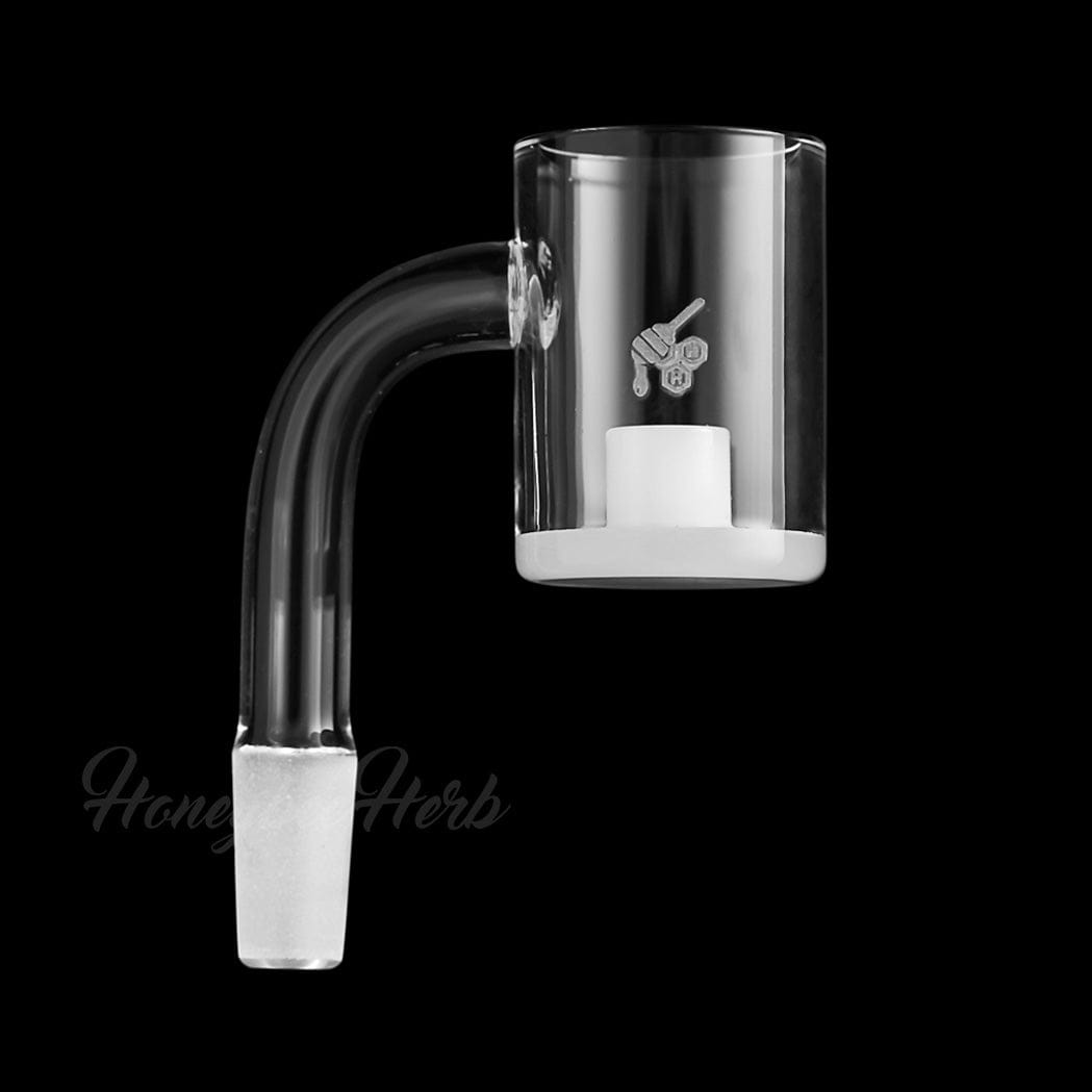 A close-up, angled view of the HONEY & MILK CORE REACTOR QUARTZ BANGER - 90° DEGREE, showing its clear quartz construction.