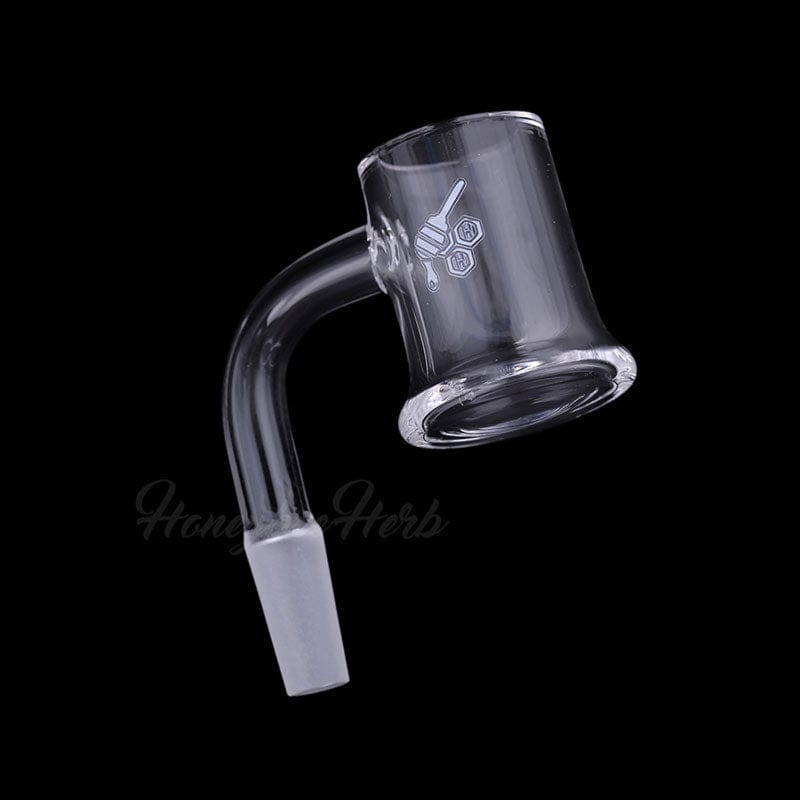 A close-up, angled view of the HONEY MUG QUARTZ BANGER - 90° DEGREE, showcasing its clear quartz construction and sharp 90-degree bend.