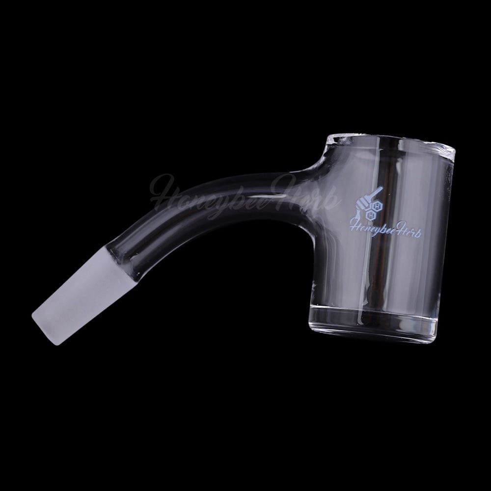 A 45-degree angled view of the ORIGINAL BEVEL QUARTZ BANGER, showcasing its clear quartz construction and rounded shape.