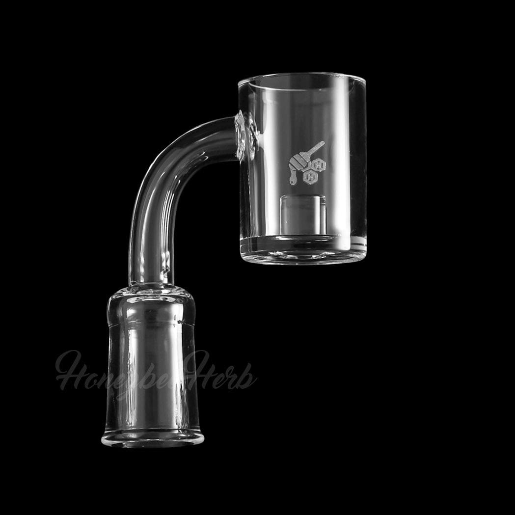 A studio shot of the CORE REACTOR QUARTZ BANGER - 90° DEGREE, angled to display the clear quartz and 90-degree bend.