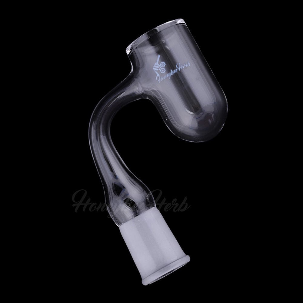 Angled close-up of the clear Honey Bevel Deep Bowl Quartz Banger - 90Â° Degree | Bl against a black background, showing its curved neck and frosted joint
