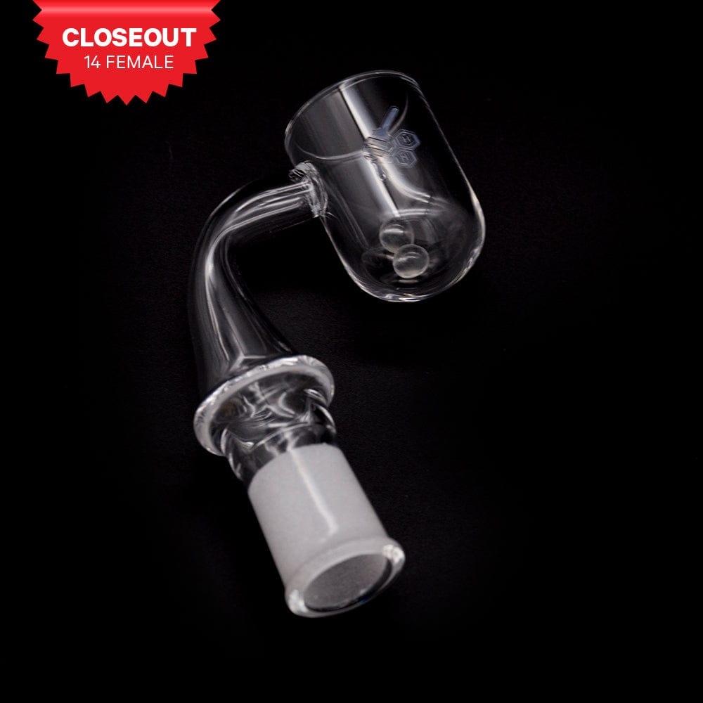 A close-up, angled view of the HONEY CYCLONE QUARTZ BANGER - 90° DEGREE, featuring a clear quartz bucket with a bent, cylindrical form.